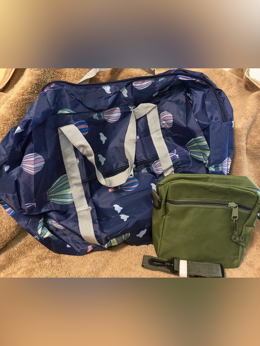 Navy Hot Air Balloon Travel Tote with Olive Crossbody Pouch
